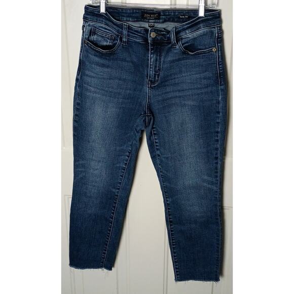 Judy Blue Women 9/29 Dark Wash Miles City Slim Fit Cropped Fray Hem Denim Jeans - Picture 1 of 6